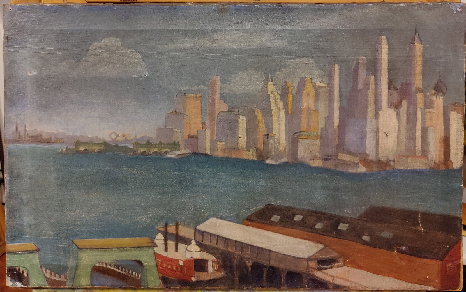 WPA Style O/C NYC View Lower Manhattan From Staten Island (1 of 7)
