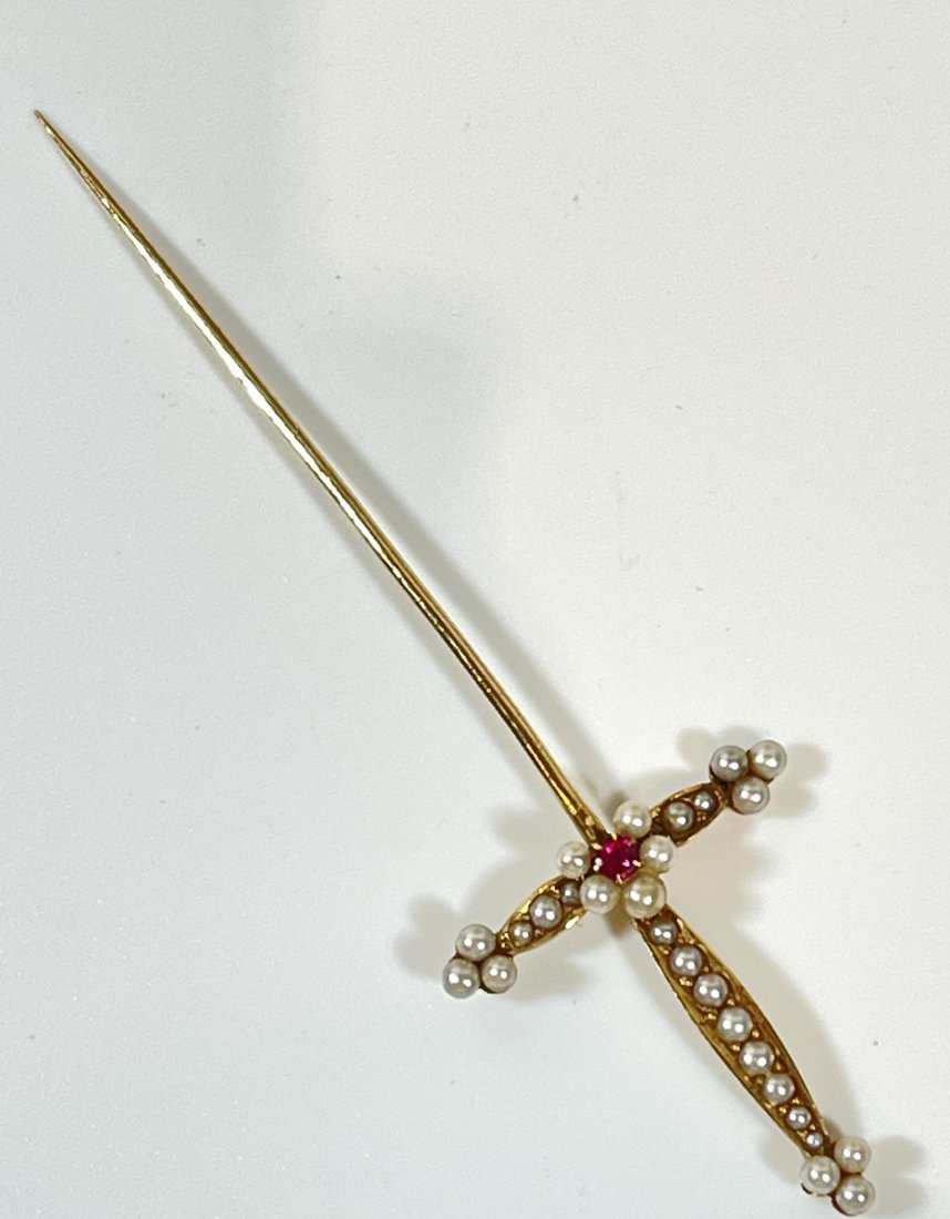 Victorian 14k Yellow Gold Pearl & Ruby Sword Form Stick Pin (1 of 4)