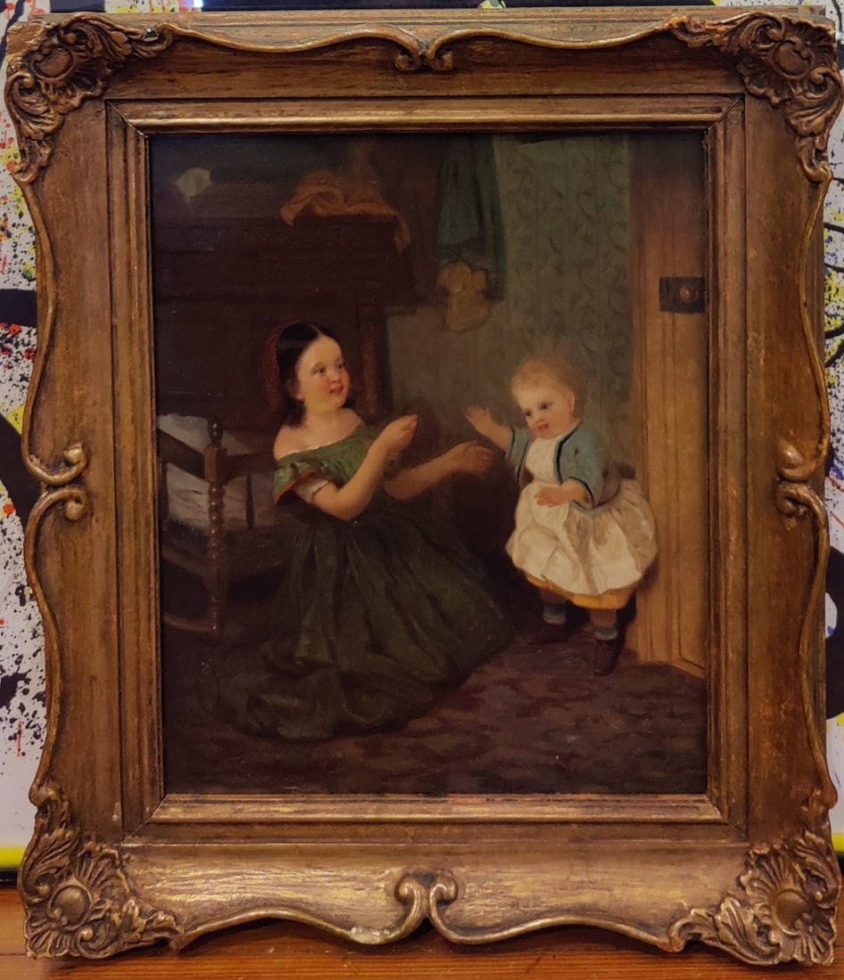 Illegibly Signed Victorian O/C Interior w/ Children Playing (1 of 4)