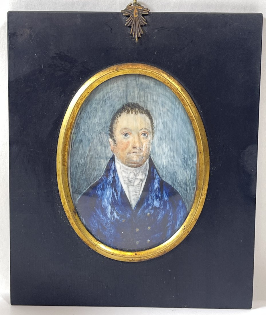 18/19th Century Portrait Miniature in Ebonized Wood Frame: Mr. James Pierson of Old Broad Street. No signature found. Measurement of overall frame.