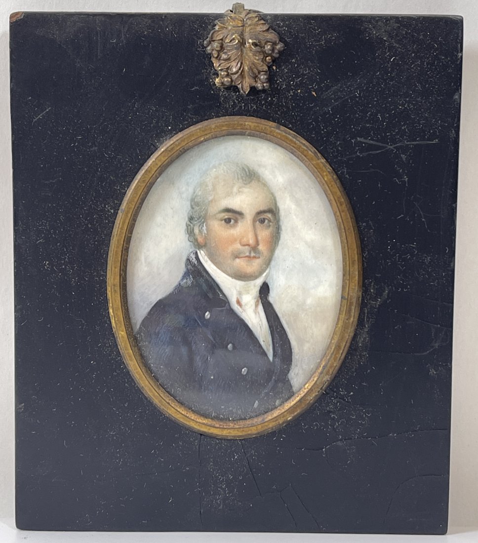18/19th Century Portrait Miniature in Ebonized Wood Frame: Elegant gentleman in dark jacket. No signature found. Measurement of overall frame.