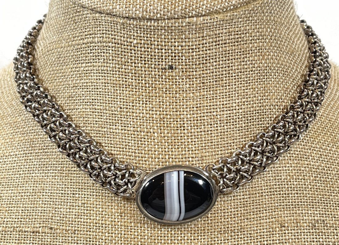Vintage Hand Made Sterling Silver & Banded Agate Necklace (1 of 4)
