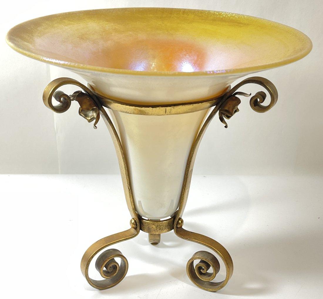 Steuben Aurene on Calcite Vase in Bronze Stand (1 of 3)