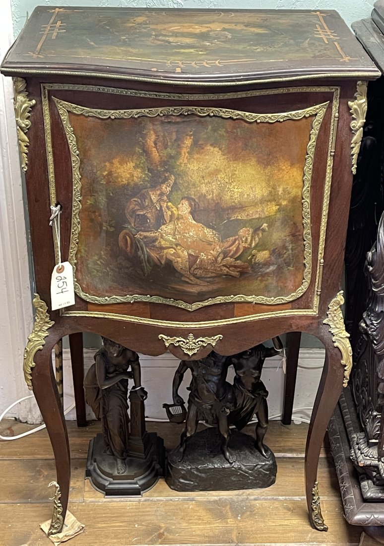 Vernis Martin Bombe Music Cabinet: Bronze mounted, romantic scene on front. Overall fair condition, some paint loss. See photos