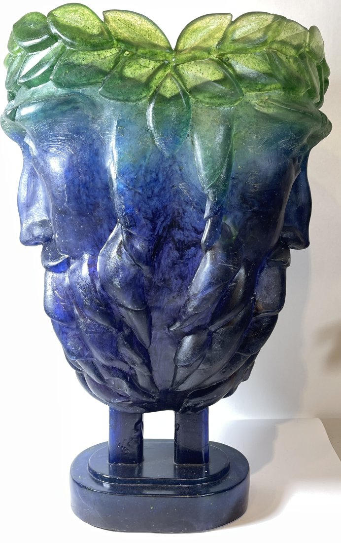 Monumental Attb. Daum Janus Pate de Verre Vase: Very large two sided pate de verre vase attributed to Daum. Greek mythological faces. No signature found. Overall very good condition with no chips or cracks.