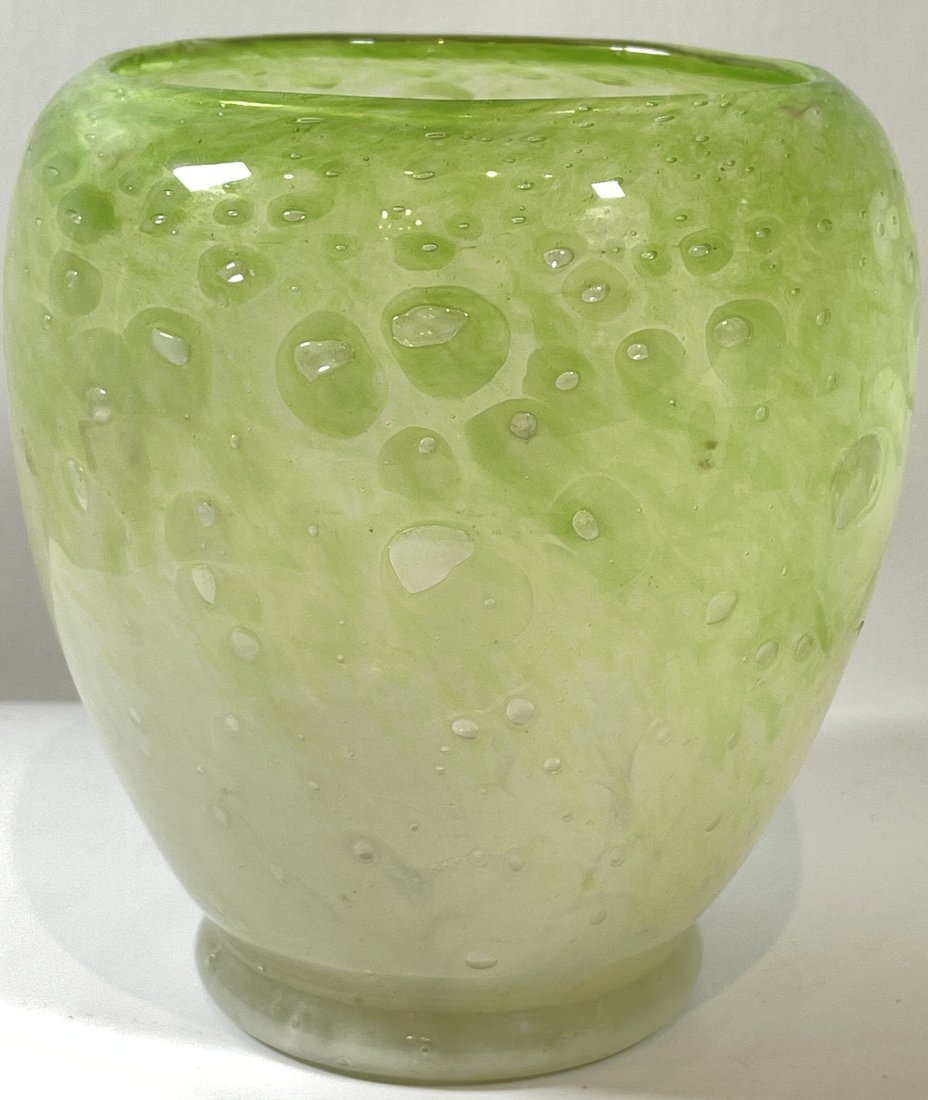 c1930 Steuben Green Culthra Vase: Acid etched mark on the base. No chips or cracks.