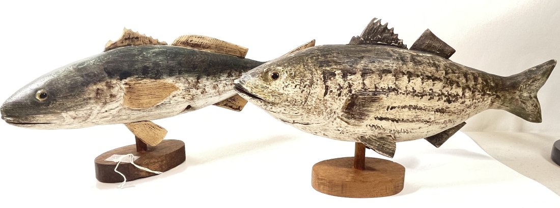 Lot of 2 Folk Art Wooden Striped Bass Sculptures DiBernardo: Signed DiBernardo on underside of each fish. Overall very good condition.