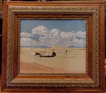 Amazing Charles Bunnell Tempera Desert Plains Landscape: Charles Ragland Bunnell (Colorado, Kansas, Missouri, 1897 - 1968) Tempera Painting of a Modernist Desert Plains Landscape. Very good condition under glass, signed and noted MED LIGHT BROWN within the