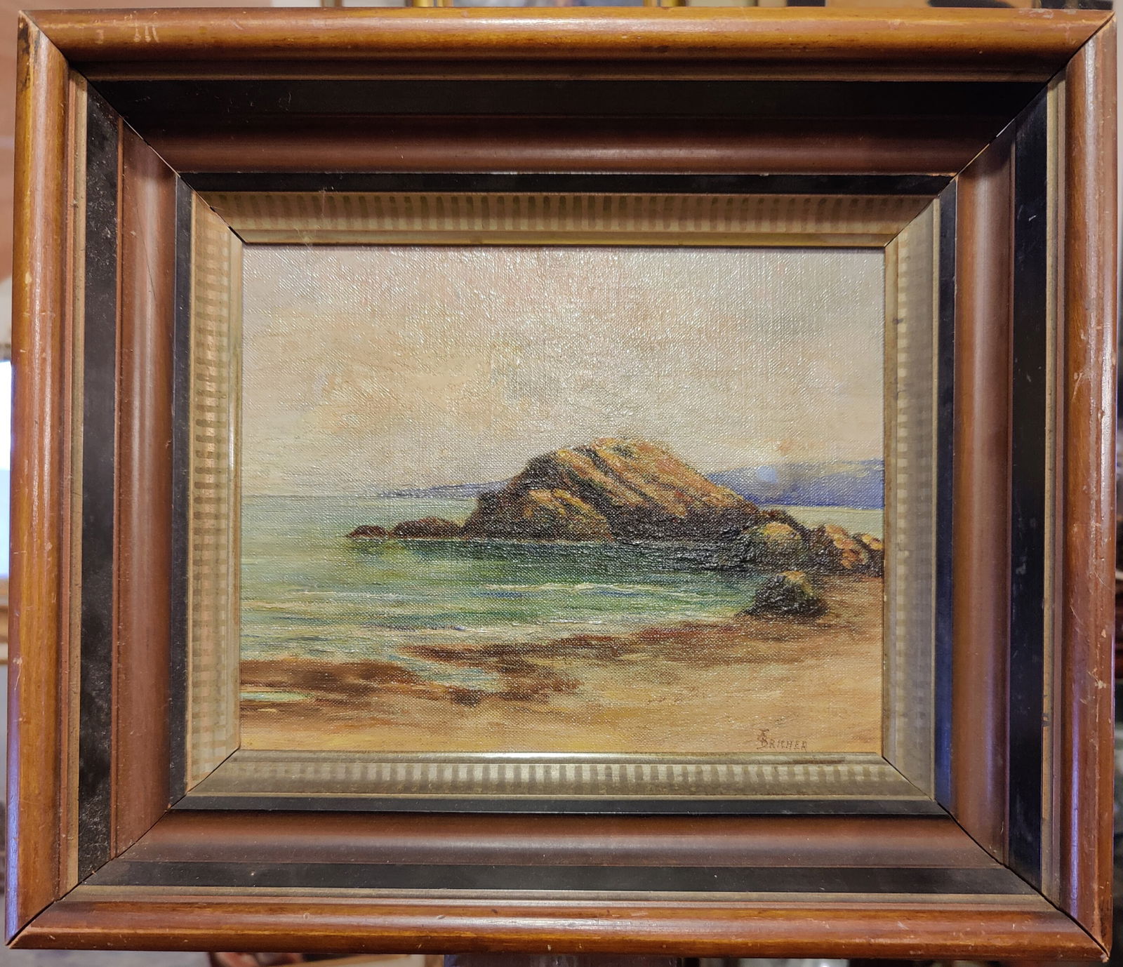 Beautiful Alfred Bricher O/B Coastal Landscape Painting: Alfred Thompson Bricher (New York, New Hampshire, 1837 - 1908) O/B painting in very good condition, with one dimple in the upper right. Signed A Bricher lower right. 9.5" x 7.5" sight.