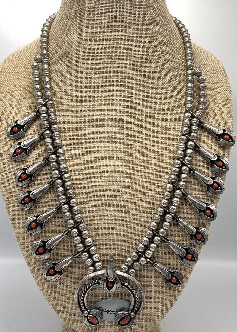 Native America Navajo Sterling Silver Squash Blossom Coral Necklace (1 of 4)