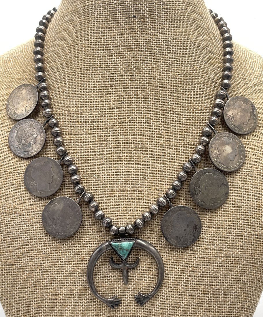Native American Sterling Silver & Turquoise Barber Half Dollar Necklace (1 of 4)