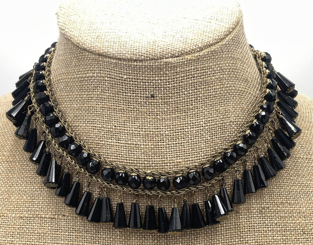Vintage Miriam Haskell Jet Fringe Necklace: 17" long, overall very good condition with no missing beads. Signed Miriam Haskell