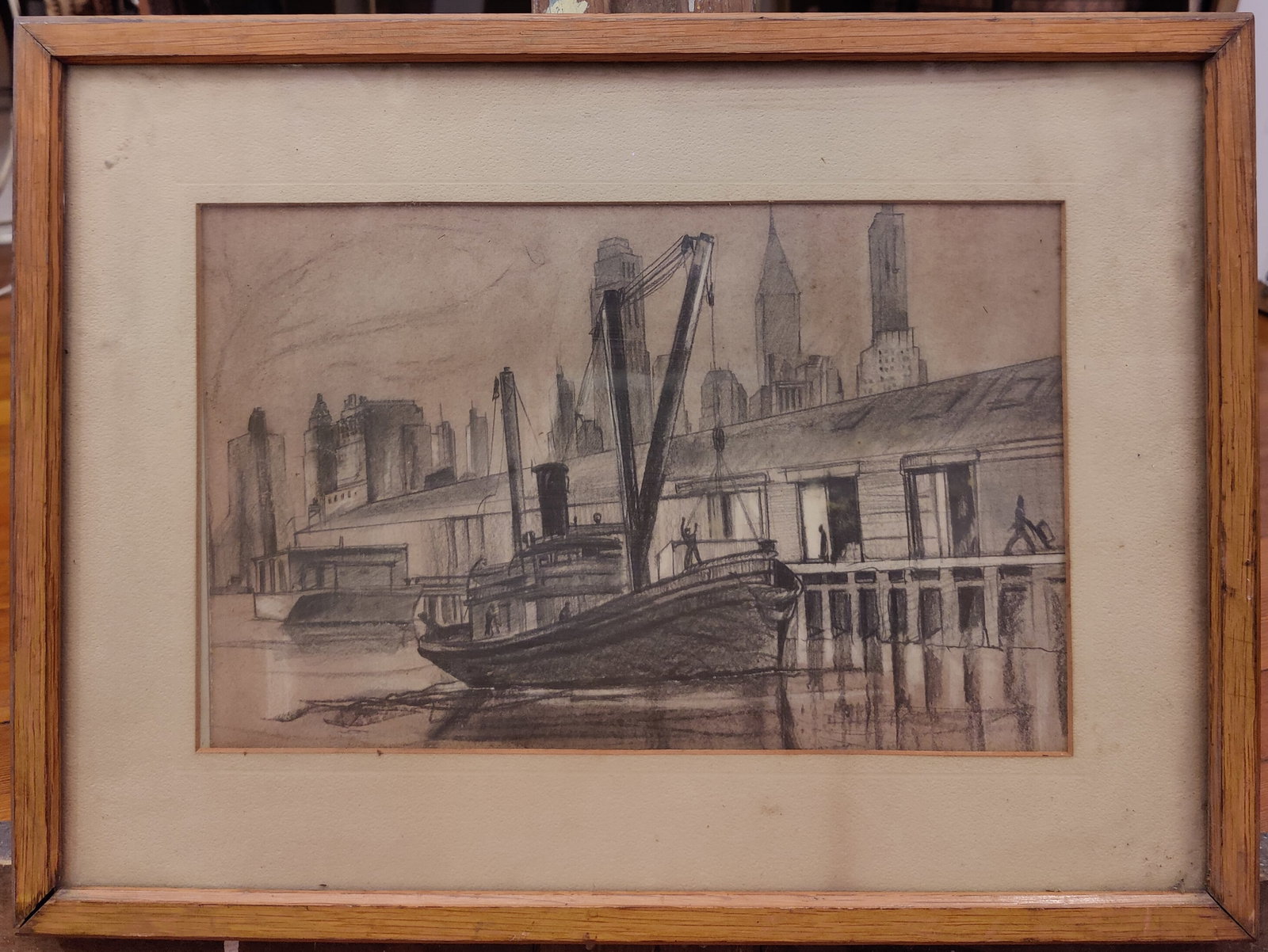 Unsigned Pencil Illustration New York City Dock Scene (1 of 3)