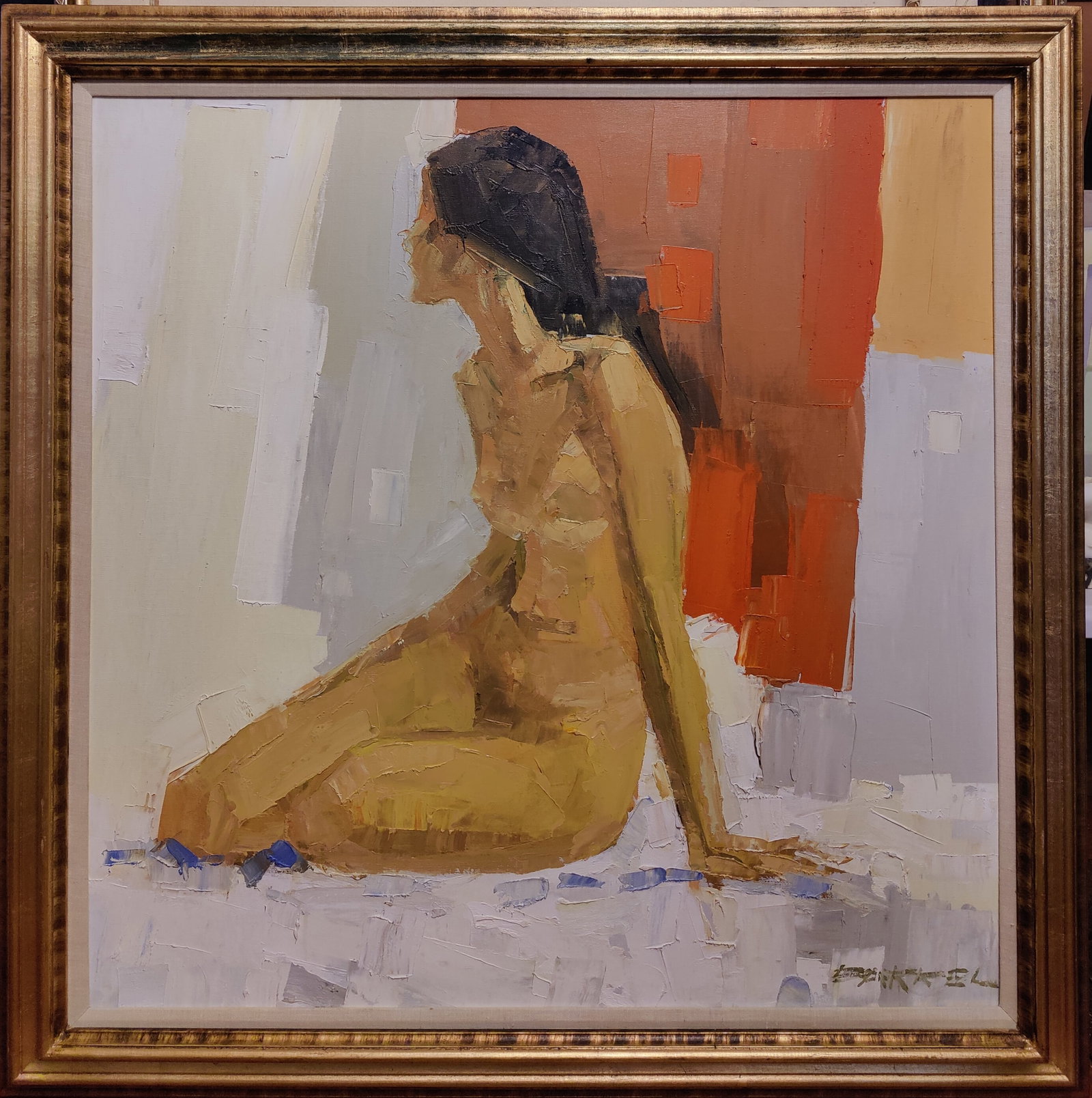 Italo Botti aka George Barrel Monumental Nude O/C: Italo George Botti aka George Barrel (New York, Illinois, Florida, 1923 - 2003) O/C painting. Very good condition and nicely framed in an Arturo framing. Signed lower right and noted on the verso. An