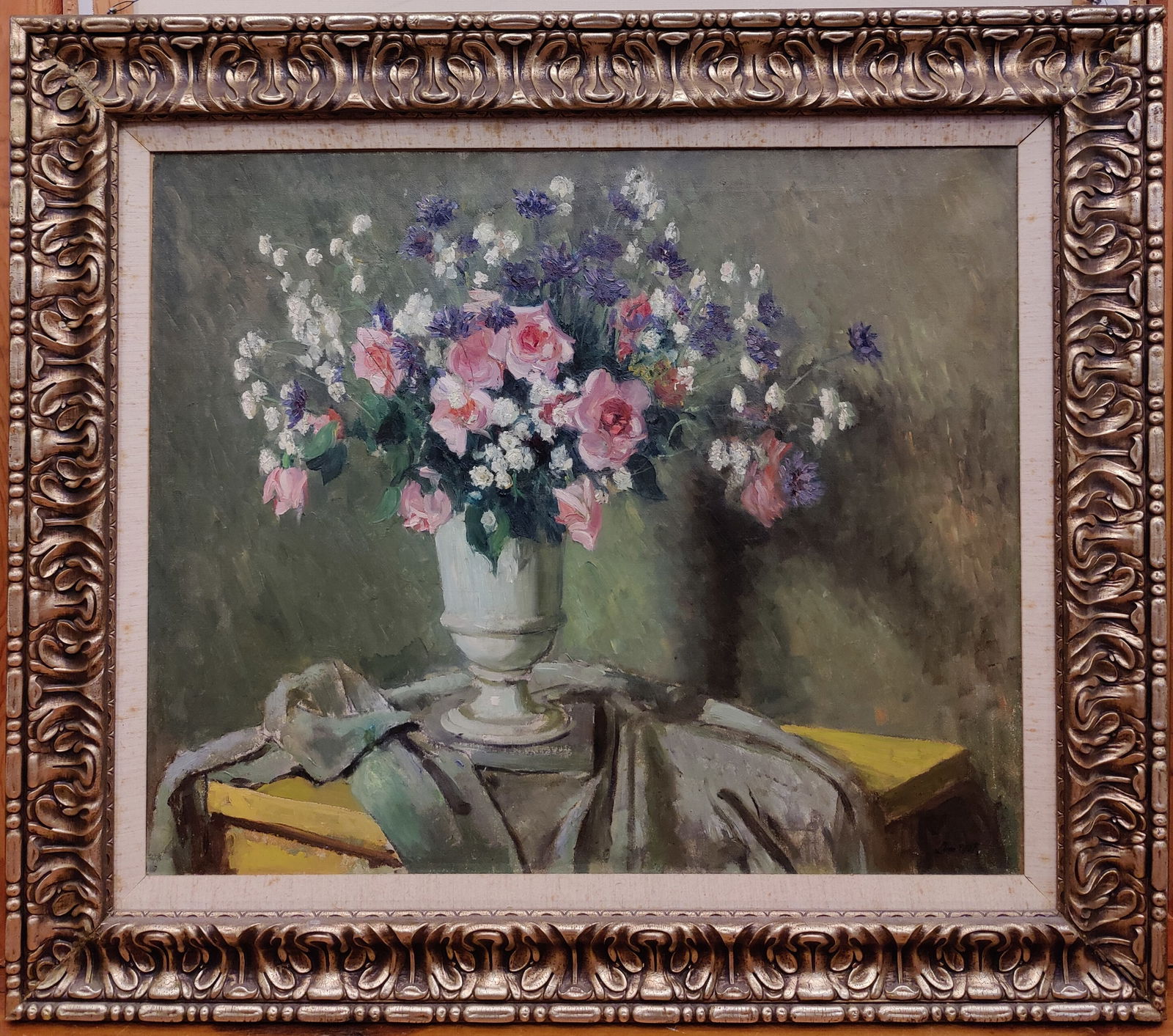 Edward Barnard Lintott O/C Still Life with Flowers on a Table: Edward Barnard Lintott (American, 1875 - 1951) O/C painting "Still Life with Flowers on a Table". Signed Lintott lower right and titled indistinctly on an old label affixed to the stretcher. Very good