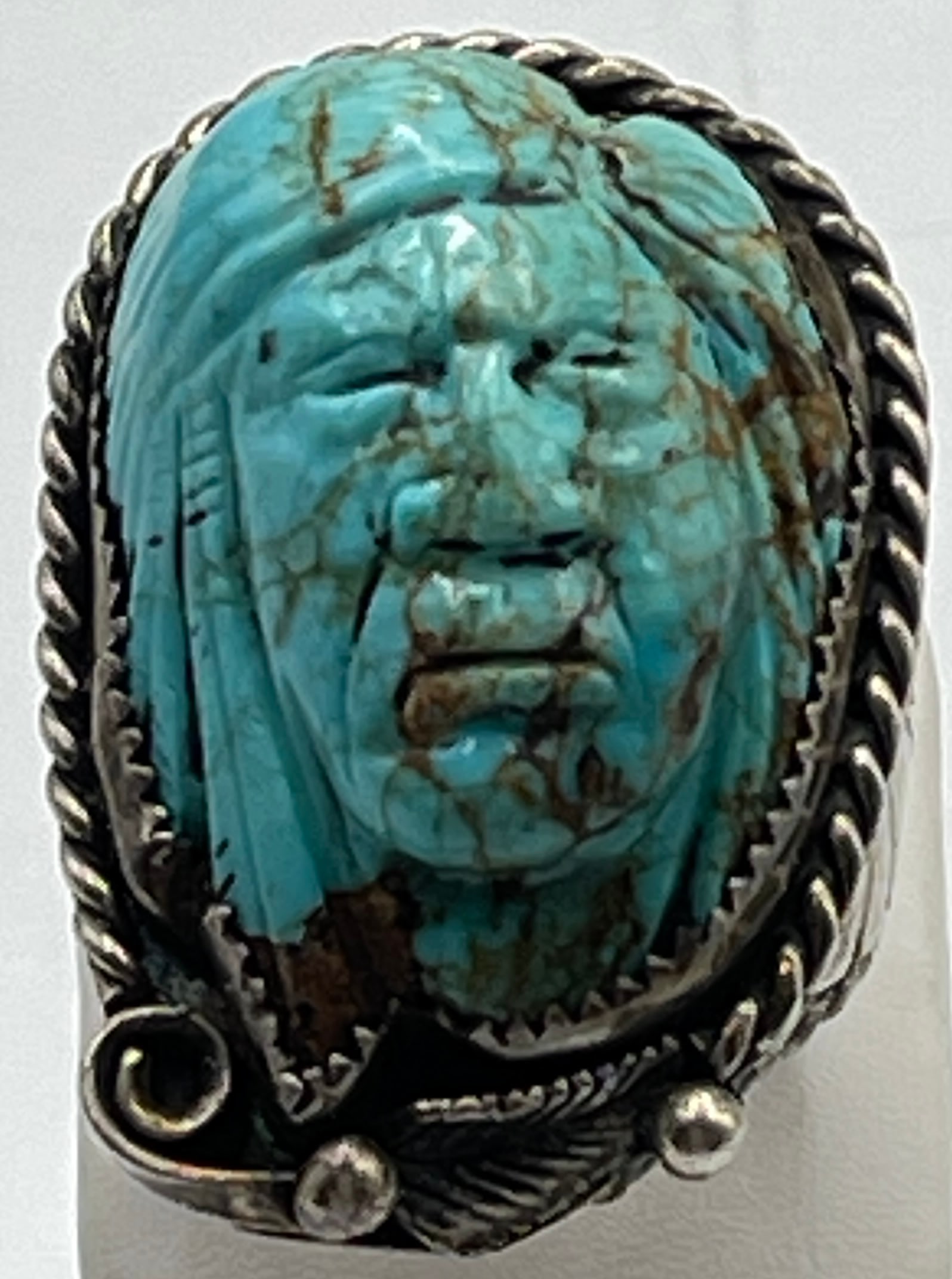 Native American Navajo Carved Turquoise Indian Chief Ring size 12.5 (1 of 4)