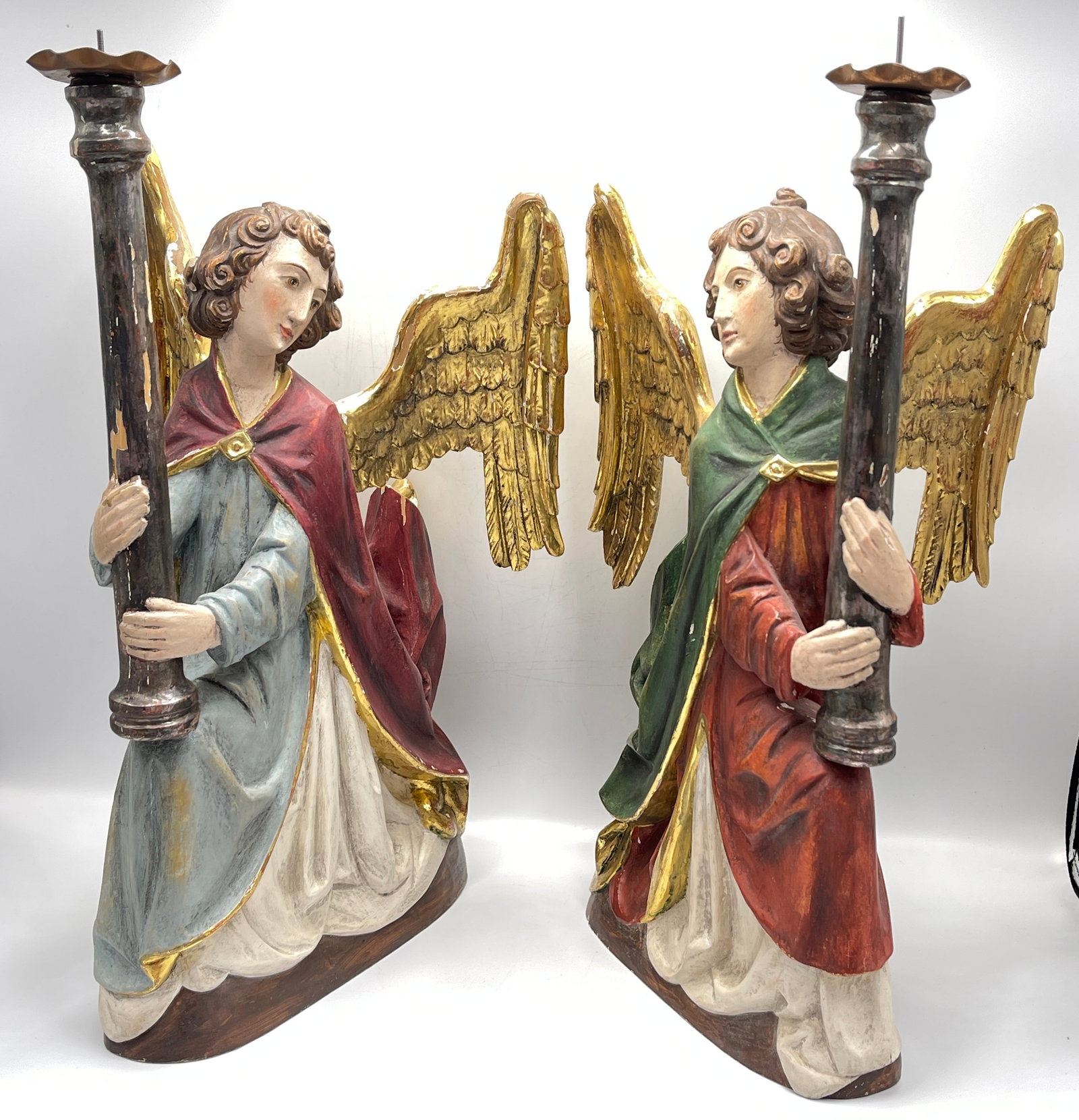 Pair Vintage Black Forest Ernst Kraus Polychrome Creche Candlesticks (1 of 8)