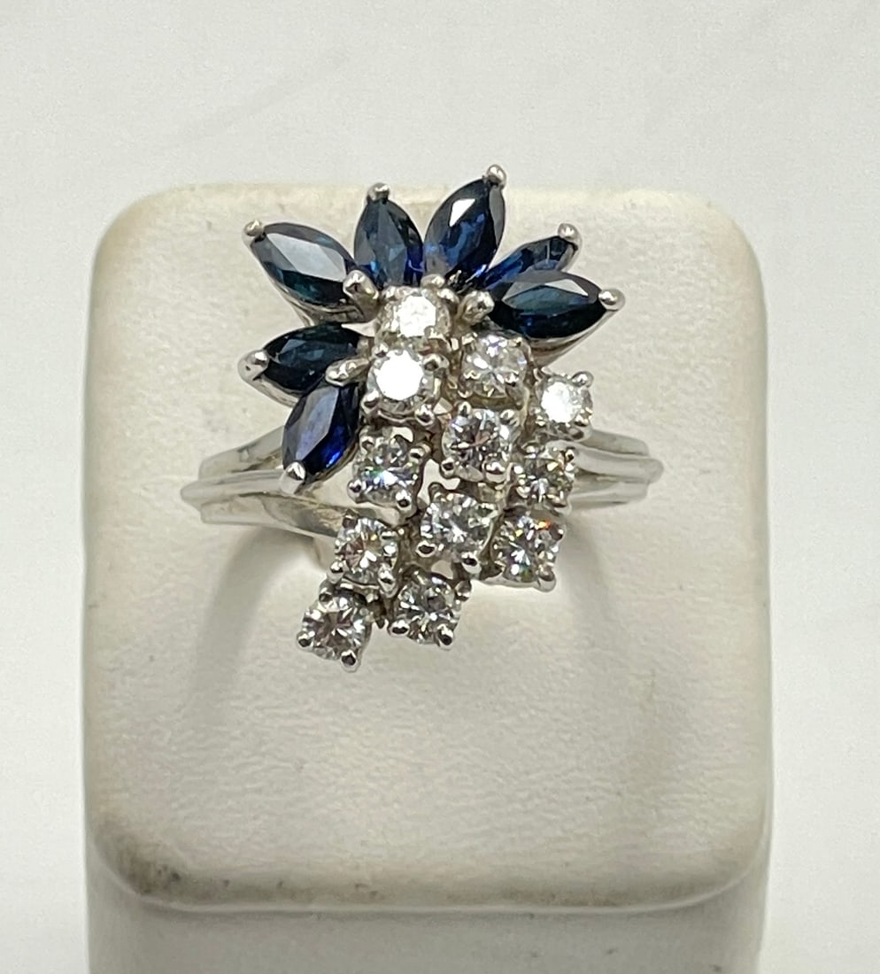 Vintage 14k White Gold Sapphire & Diamond Cocktail Ring size 6.5 (1 of 4)