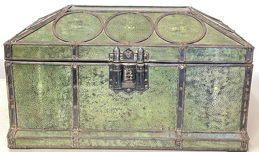 Attb. John Paul Cooper Monumental Shagreen & Silver Mounted Chest: massive arts and crafts shagreen chest heavily silver mounted. Couldn't find a mark, but believe it to be John Paul Cooper. Overall very good condition, some areas of slight separation to the shagreen