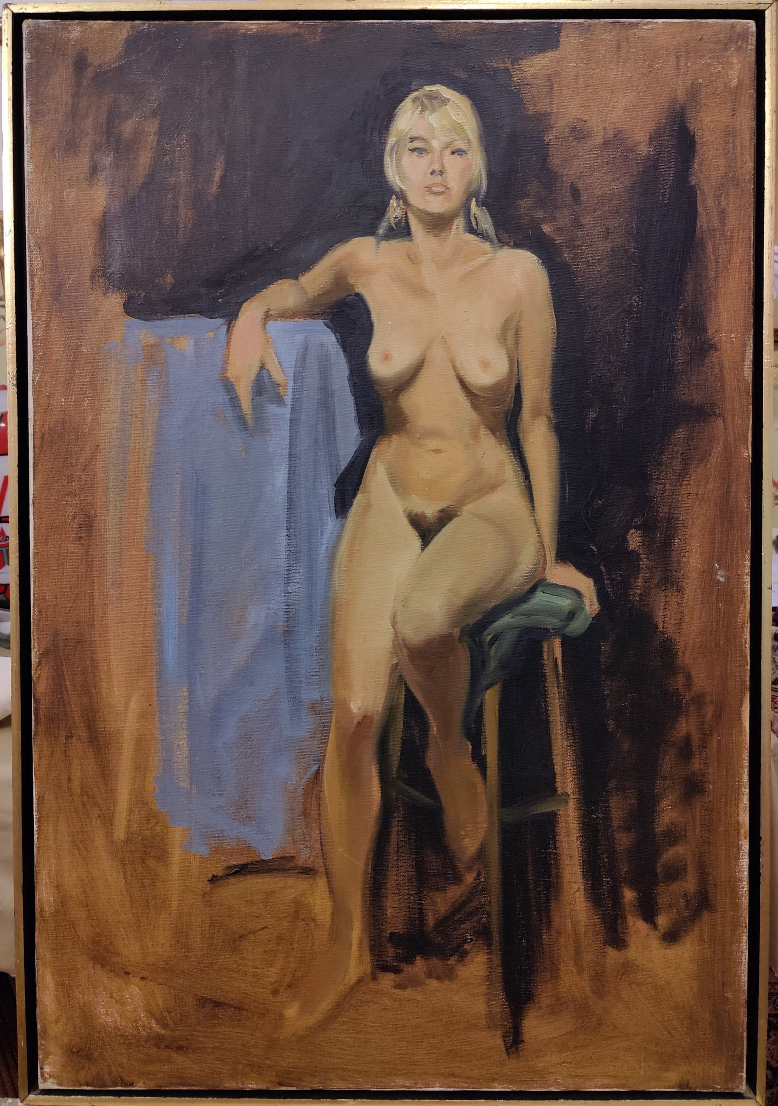 Robert Havill Signed O/C Nude Female Artist's Model: Robert R Havill (New York, 20th c.) painting of a nude female model on a stool. Very good condition overall. Signed R. R. Havill on the verso. Float mounted and in a simple gilt edge thin framing.