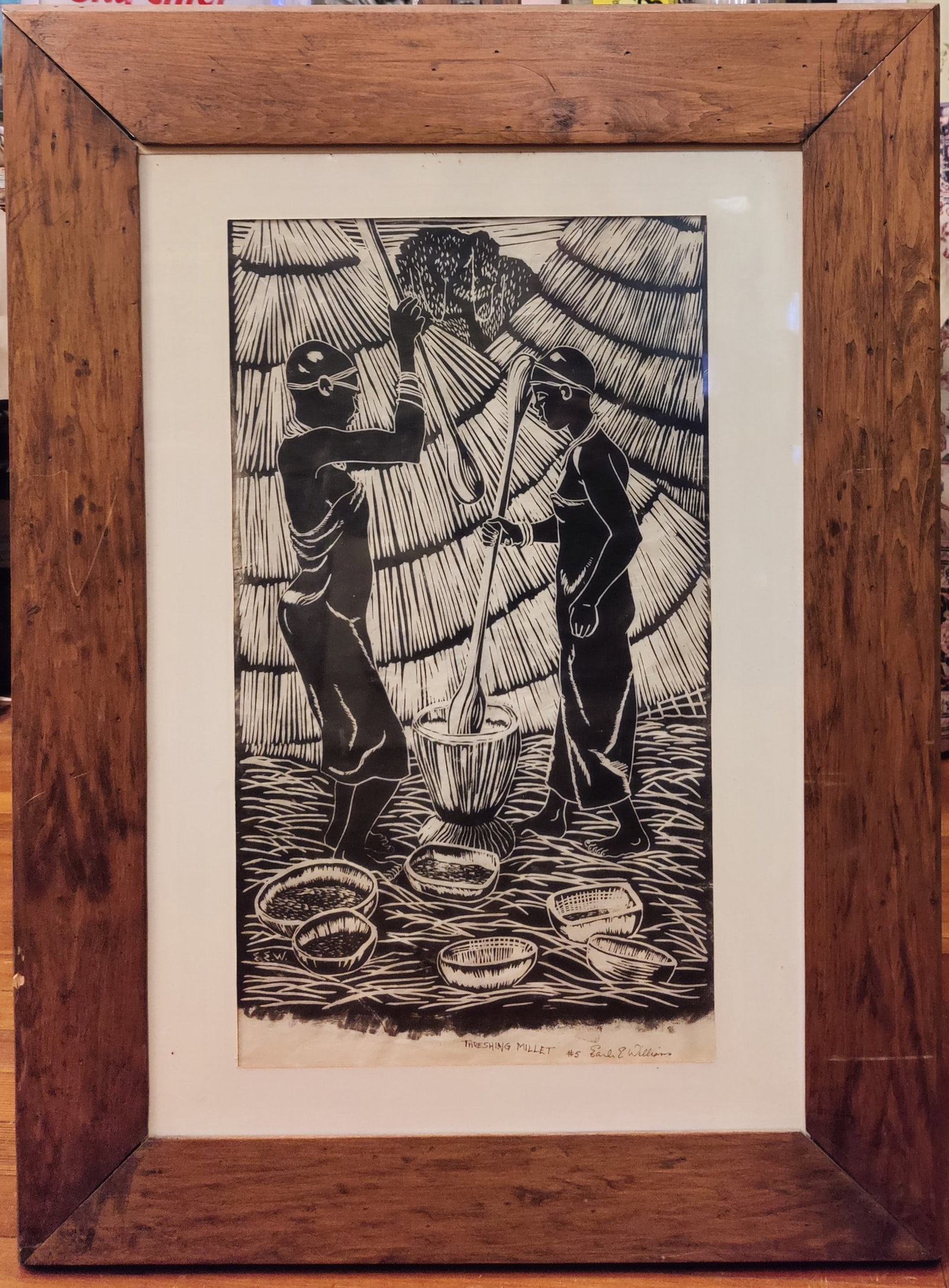 Earl E. Williams Woodblock Haitian Natives Threshing Millet (1 of 3)
