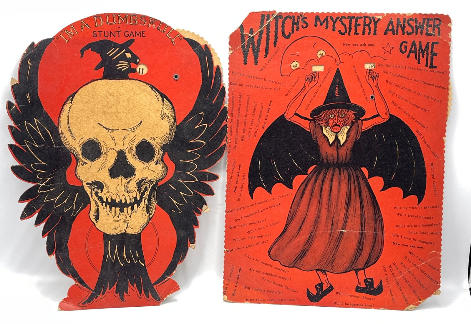 Lot of 2 Vintage Halloween Cardboard Games: To include Witch's mystery answering game, and I'm a dumb skull. Original 1930's, as found condition. See photos