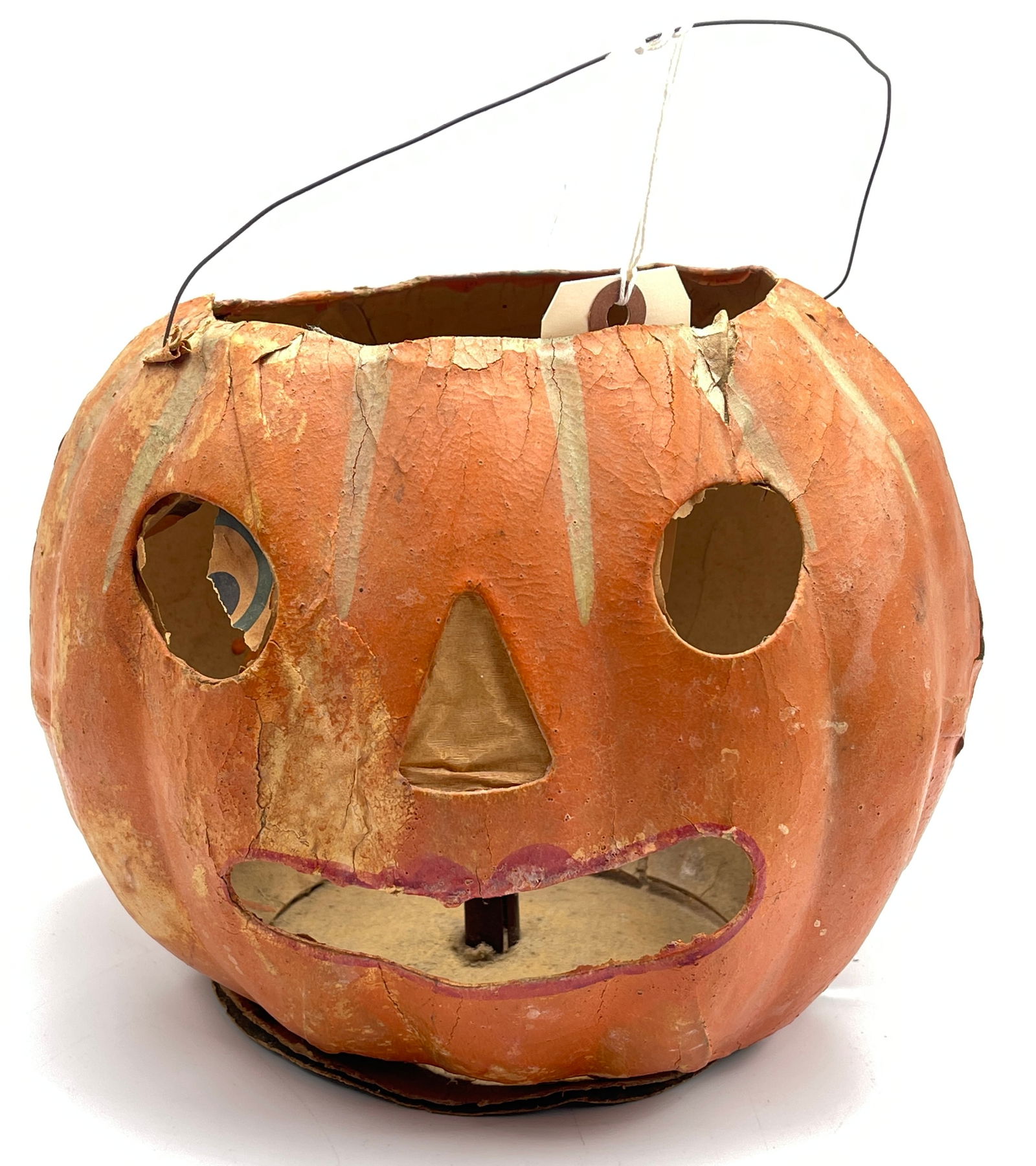 Vintage Halloween Paper Mache Pumpkin: 7.5 in high, 10 in wide. As found condition.