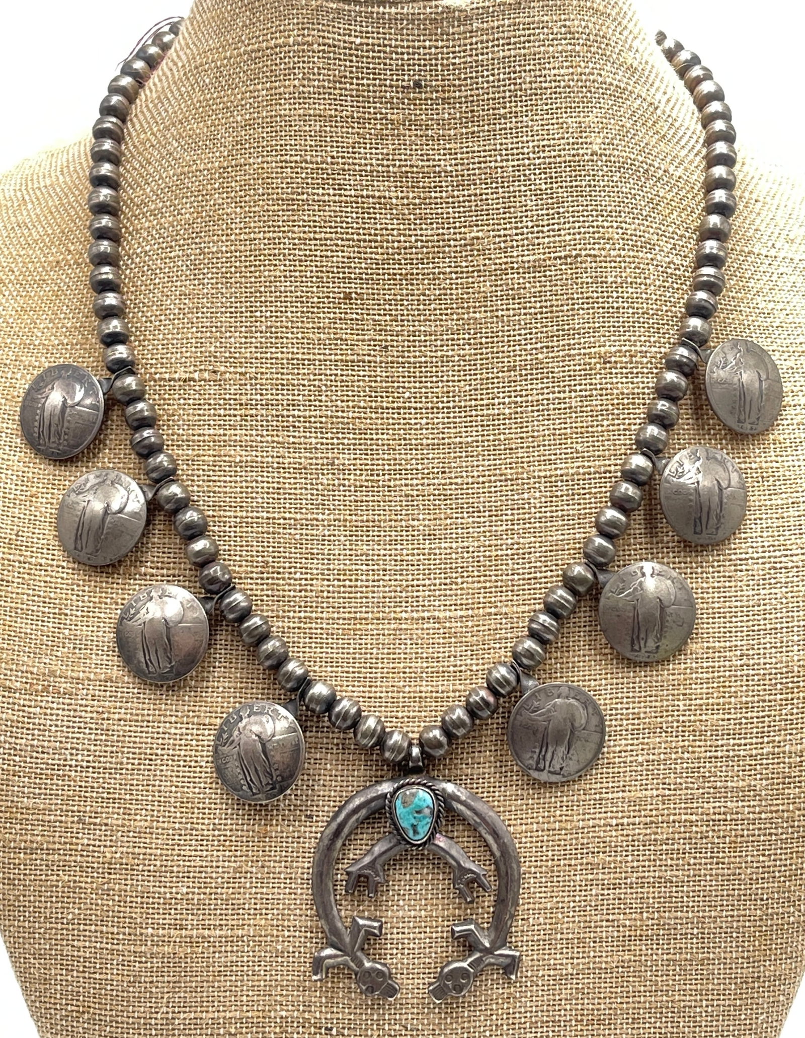Native American Sterling and Turquoise Signed Squash Blossom (1 of 5)