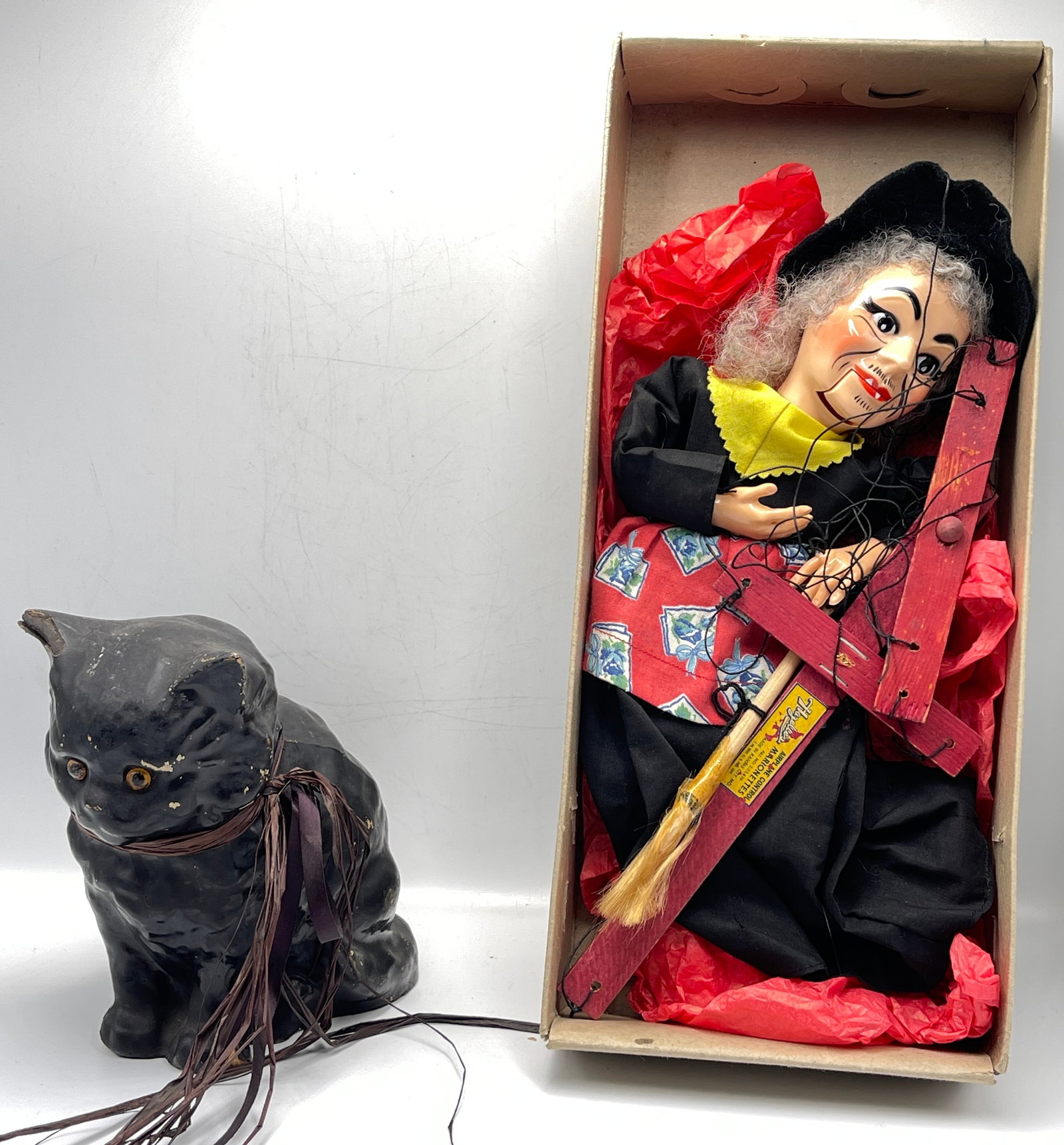 Paper Mache Black Cat and Witch Marionette Toy (1 of 6)