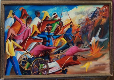 Saint Pierre Toussaint Haitian O/C Folk Art Cannon Battle