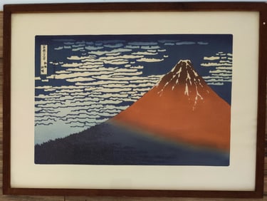 After Hokusai Screen Print Red Fuji on a Clear Day
