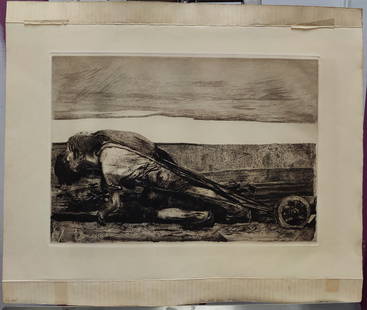 Kathe Kollwitz Drypoint Etching Die Pfluger 1921 Muenchen: After Kathe Schmidt Kollwitz (Germany, Russian Federation, 1867 - 1945) Etching and drypoint on wove paper "Die Pfluger", (The Ploughmen) and noted 1921 in the plate. From an unknown edition size. An