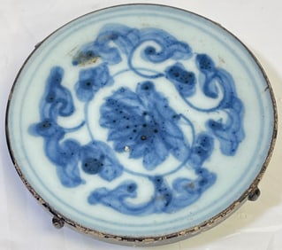 Asian Sterling Mounted Blue & White Porcelain Dish