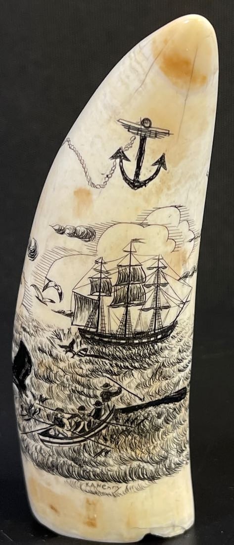 Antique Sailor Nautical Scrimshaw: Nautical theme with boats and figures. Signed K.A. Henry. 4.5 in high.