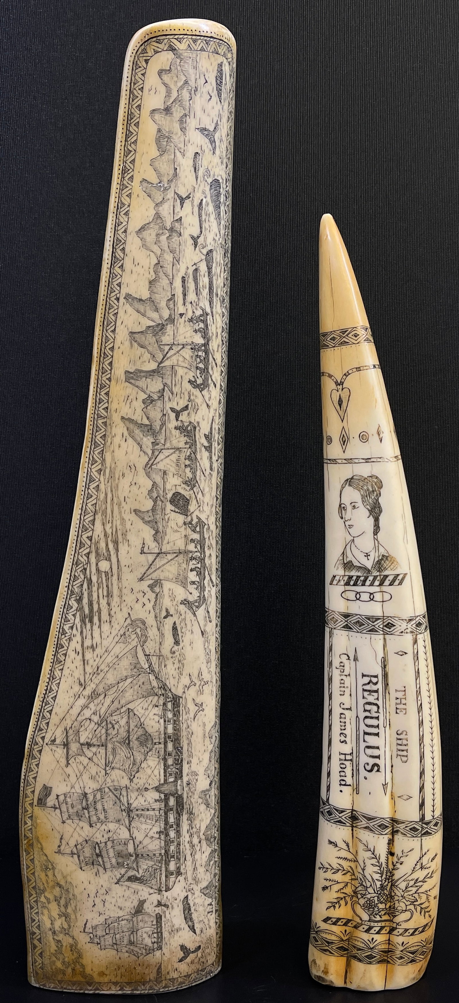Lot of 2 Composite Replica Scrimshaw: To include tusk with James Hoad, & scenic whaling scene. Longest measures 17 in.