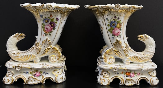 19C Old Paris Porcelain Rhyton Eagle Head & Cornucopia Mantel Vases