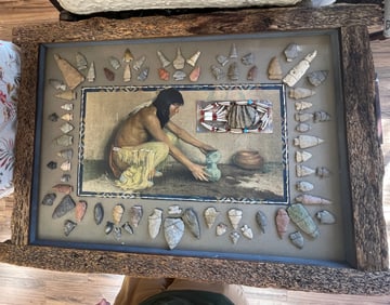 Yokut American Indian Shadowbox of Arrowheads & Bead Work