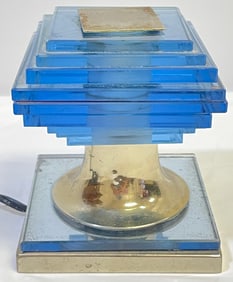 Art Deco Maison Desny Blue Glass & Chrome Table Lamp