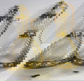 Pair Early 20th French Glass Holophane Light Pendants