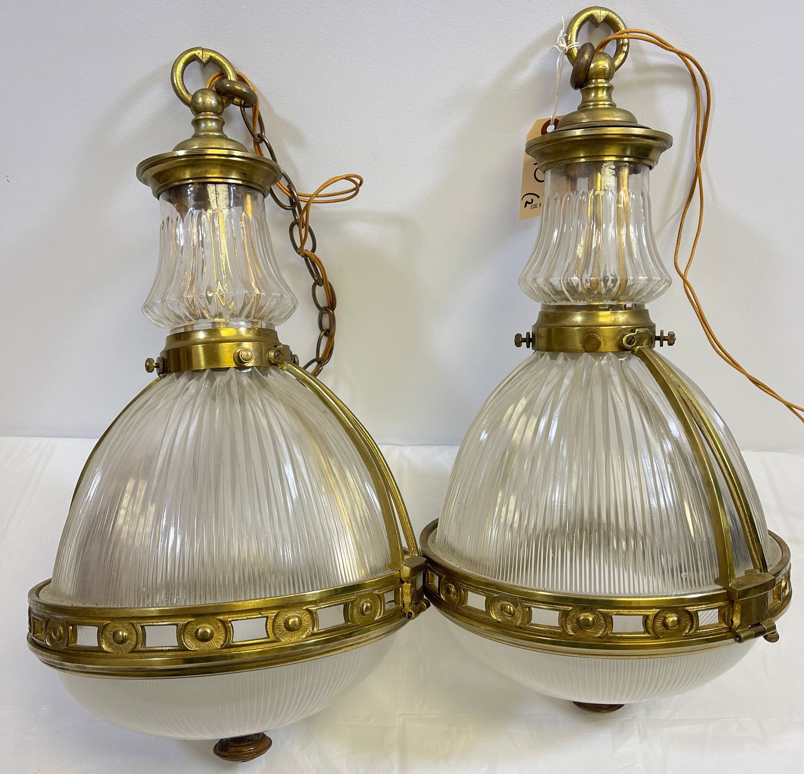 Pair Early 20th French Glass Holophane Light Pendants (1 of 6)