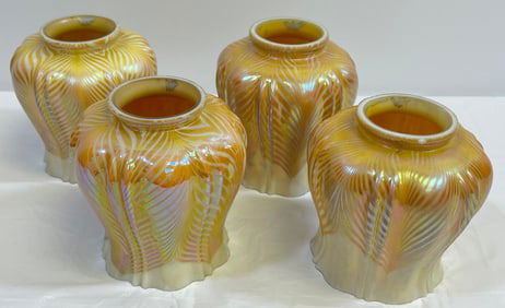 Lot of 4 Signed Steuben Pulled Feather Art Glass Shades