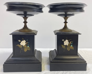 Pair Victorian Black Onyx & Pietra Dura Garnitures