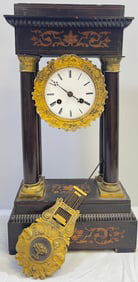 Antique Gilt Metal & Inlaid Wood Portico Clock