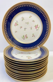 Lot of 12 Richard Ginori Cobalt & Gilt Rimmed Floral Dinner Plates