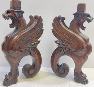 Pair of 19C Carved Oak Griffin Architectural Elements