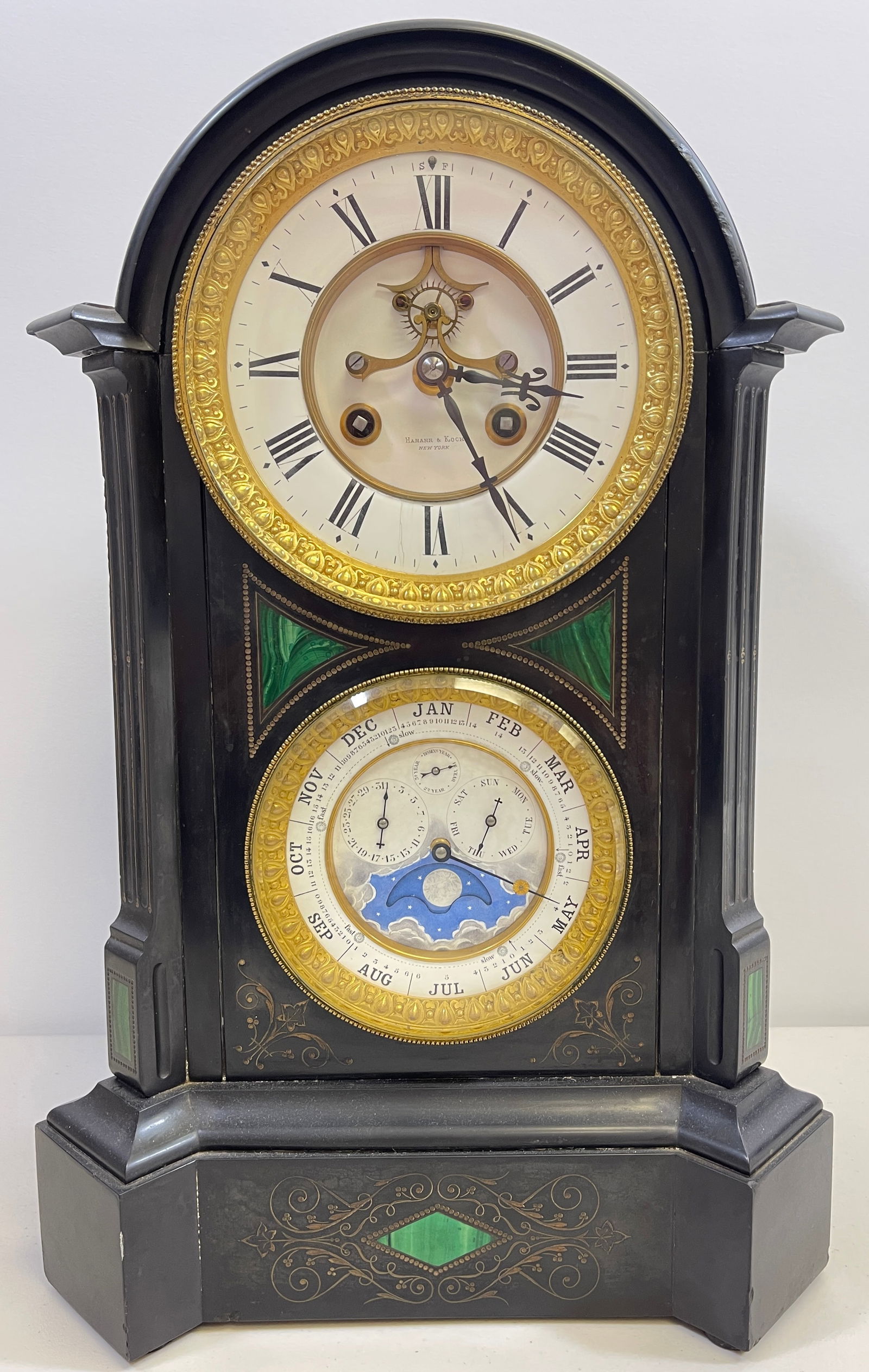 French Double Dial Black Onyx Mantel Regulator Hamann & Koch NY (1 of 11)
