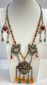 Qing Dynasty Chinese Silver Coral & Turquoise Necklace