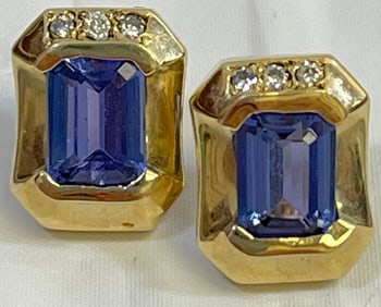 Pair 14k Yellow Gold Amethyst & Diamond Earrings