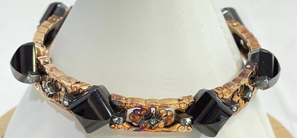 Victorian French 18k Yellow Gold Cabochon Garnet & Diamond Bracelet