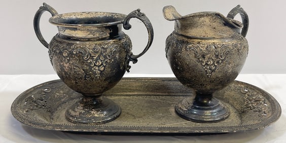 Wallace Grand Baroque Sterling Silver Sugar & Creamer on Tray